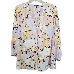 NYDJ Floral Print V-Neck Pleated Back Button-Up Tunic Size Large NWOT